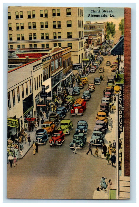 c1930s Cars Passing in Third Street Alexandria Louisiana LA Unposted Postcard