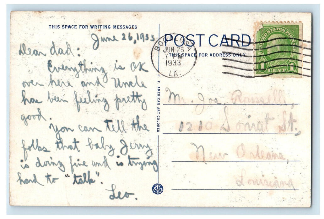 1933 Lake View of Pine Tree Inn Bogalusa Louisiana LA Posted Postcard