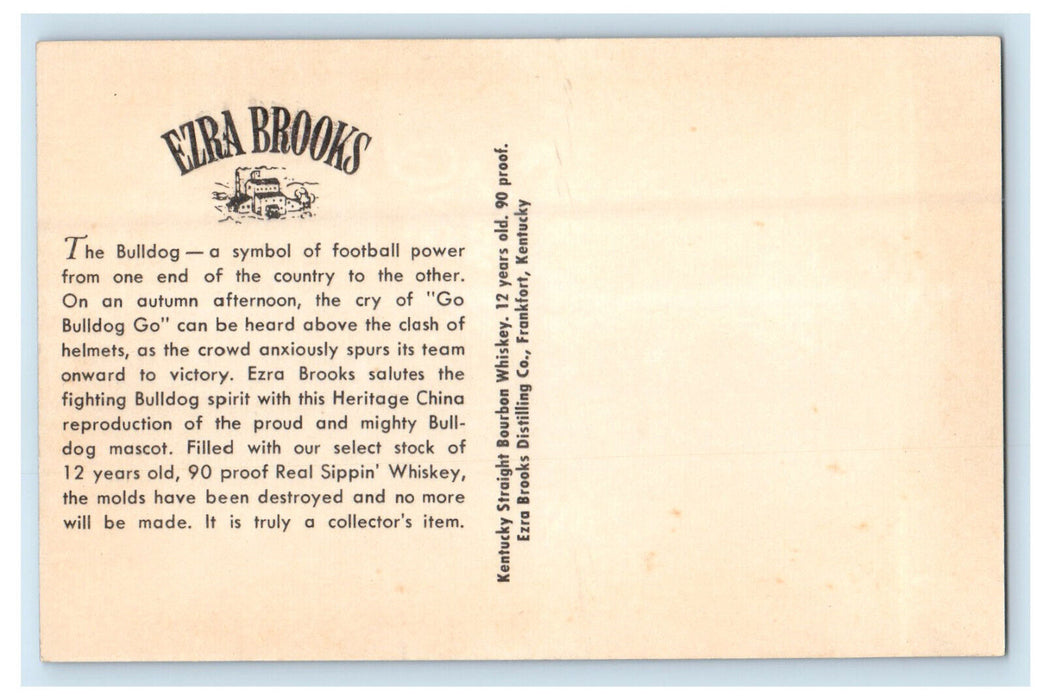 c1950s Carved The Football Bulldog Ezra Brooks Vintage Unposted Postcard