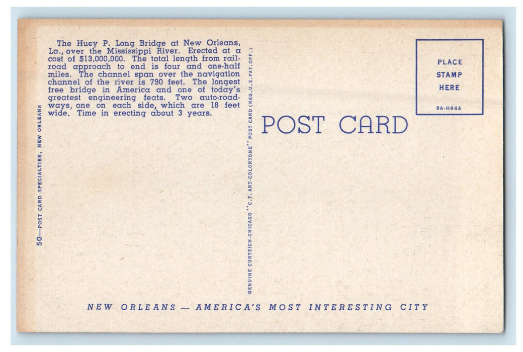 c1940s The Huey P Long Bridge, New Orleans Louisiana LA Unposted Postcard