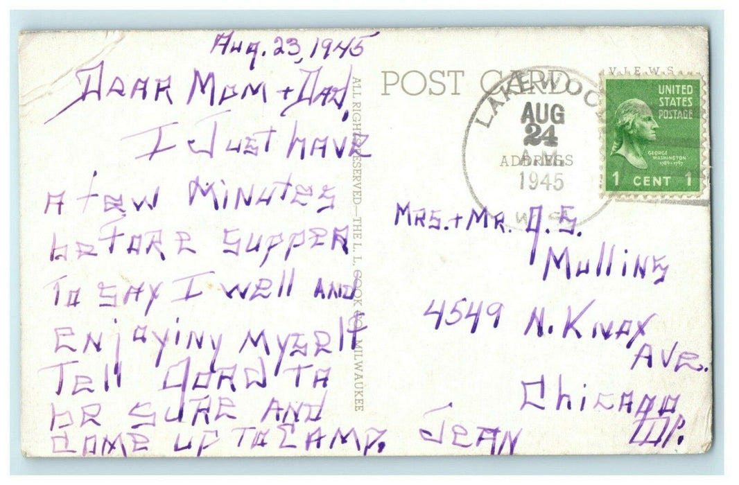 1945 Vacation in Lakewood Wisconsin WI Lake Posted Antique Postcard