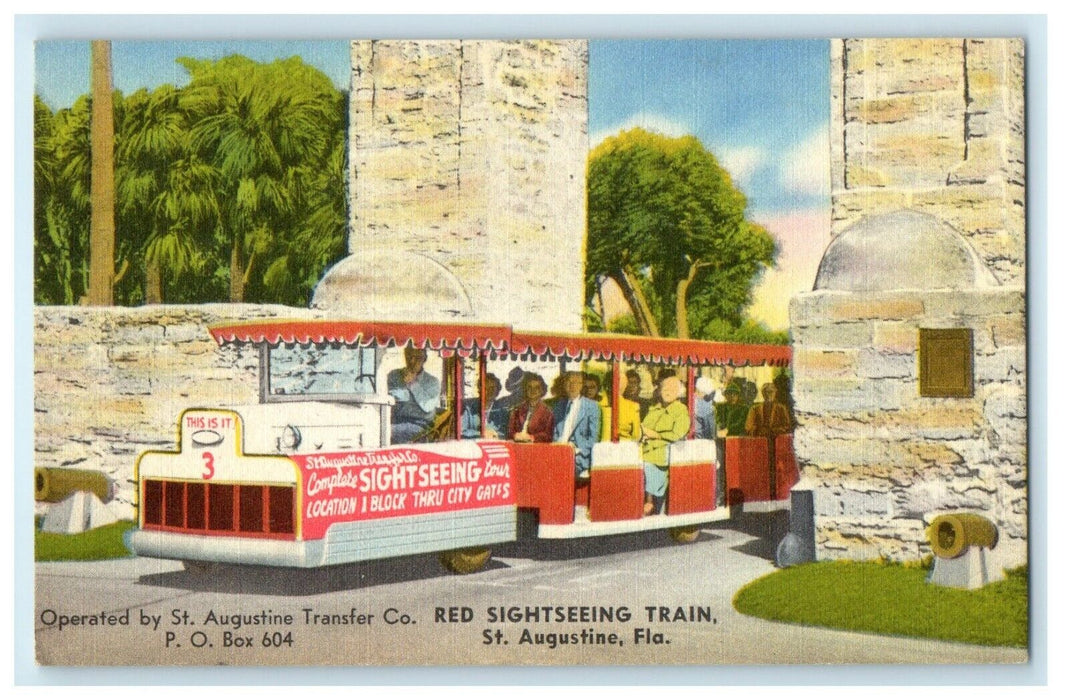 St. Augustine Transfer Co. Red Sightseeing Trailer Train Florida FL Postcard