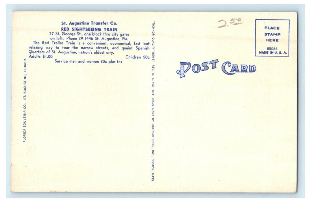 St. Augustine Transfer Co. Red Sightseeing Trailer Train Florida FL Postcard