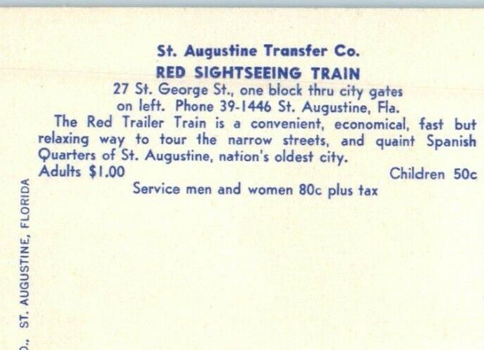 St. Augustine Transfer Co. Red Sightseeing Trailer Train Florida FL Postcard