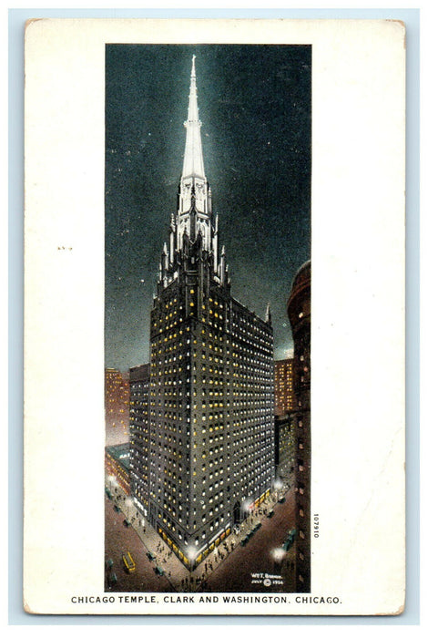 c1920s Chicago Temple at Night Chicago Illinois IL Unposted Advertising Postcard