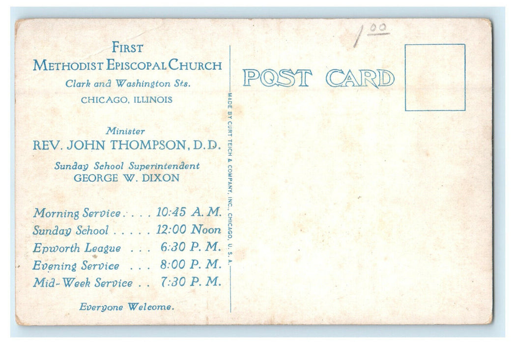c1920s Chicago Temple at Night Chicago Illinois IL Unposted Advertising Postcard