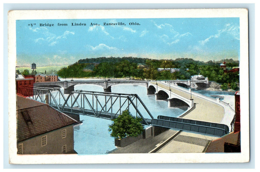 c1920s "Y" Bridge From Linden Ave. Zanesville Ohio OH Vintage Unposted Postcard