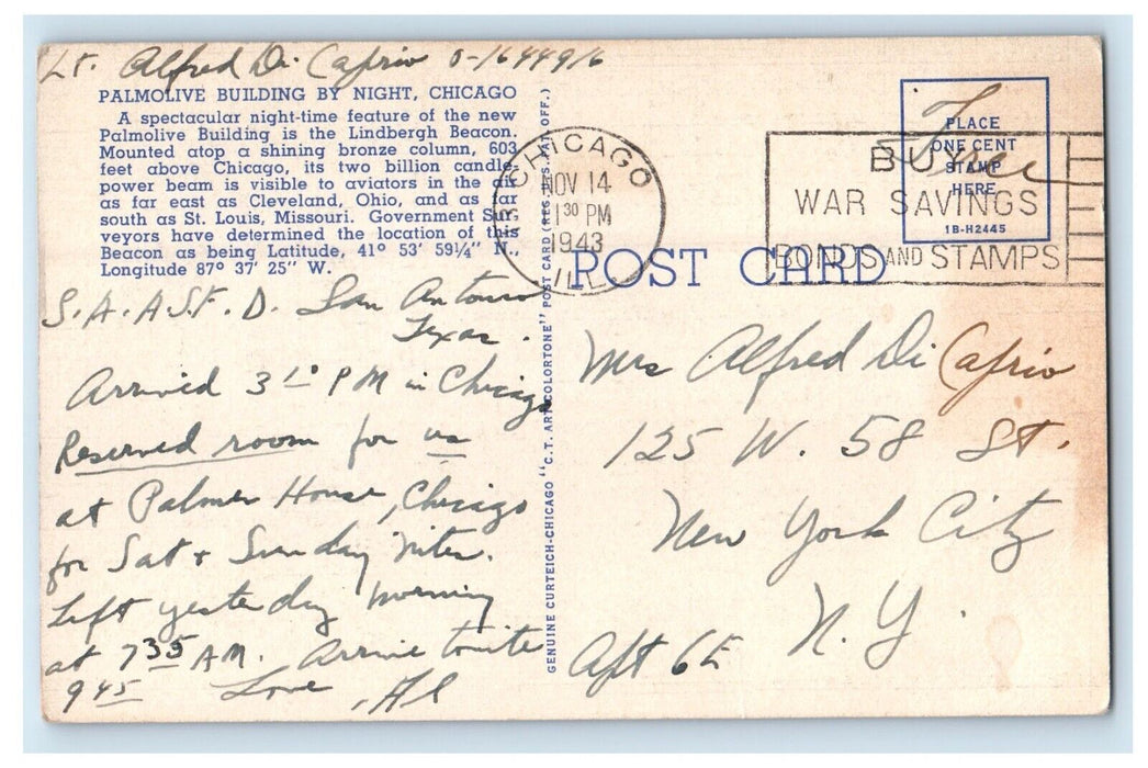 1943 Palmolive Building By Night Chicago Illinois IL Posted  Vintage Postcard