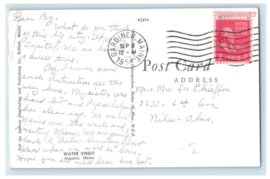 1954 Cars Scene, Water Street, Augusta Maine ME Vintage Posted Postcard