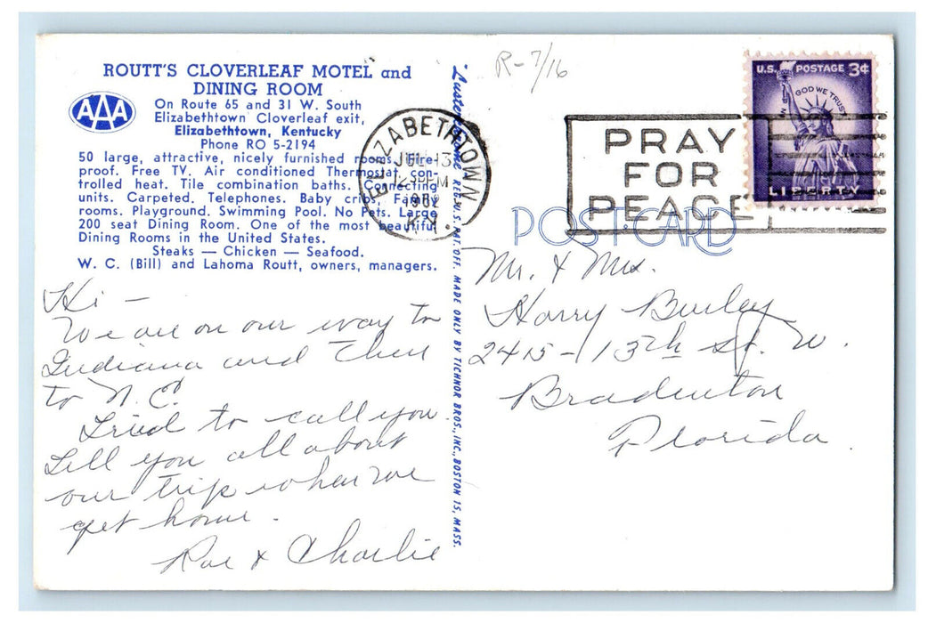 1962 Routt's Cloverleaf Motel and Dining Room, Elizabethtown KY Cancel Postcard