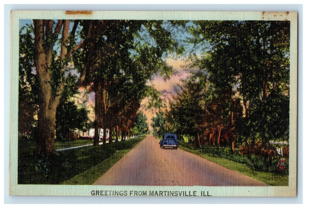 Greetings From Martinsville Illinois IL, Road Car And Trees Vintage Postcard