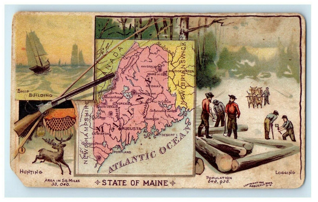 1889 State of Maine Ariosa Coffee Hunting Ship Logging Map Deer Rifle Trade Card