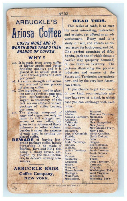1889 State of Maine Ariosa Coffee Hunting Ship Logging Map Deer Rifle Trade Card