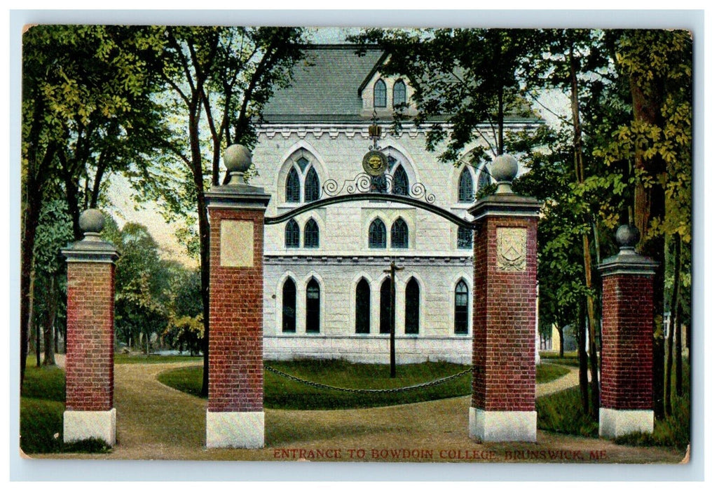Entrance To Bowdoin College Building Brunswick Maine ME Antique Postcard