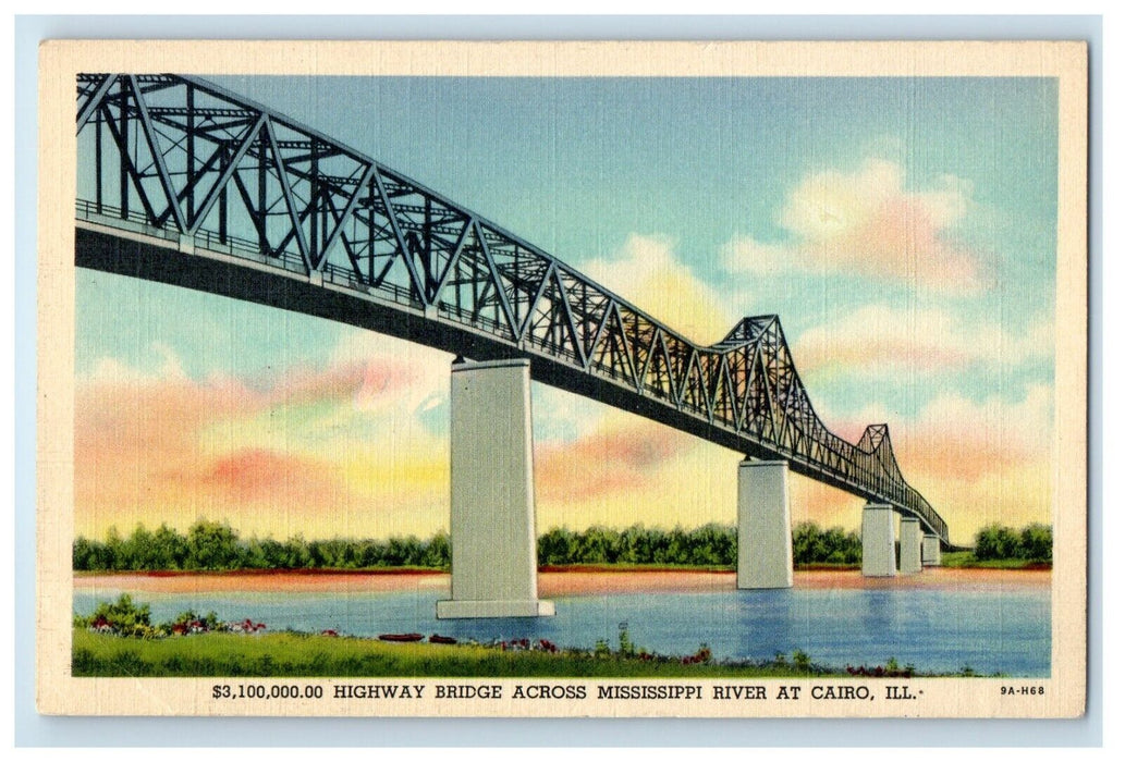 c1940's High Way Bridge Across Mississippi River At Cairo Illinois IL Postcard