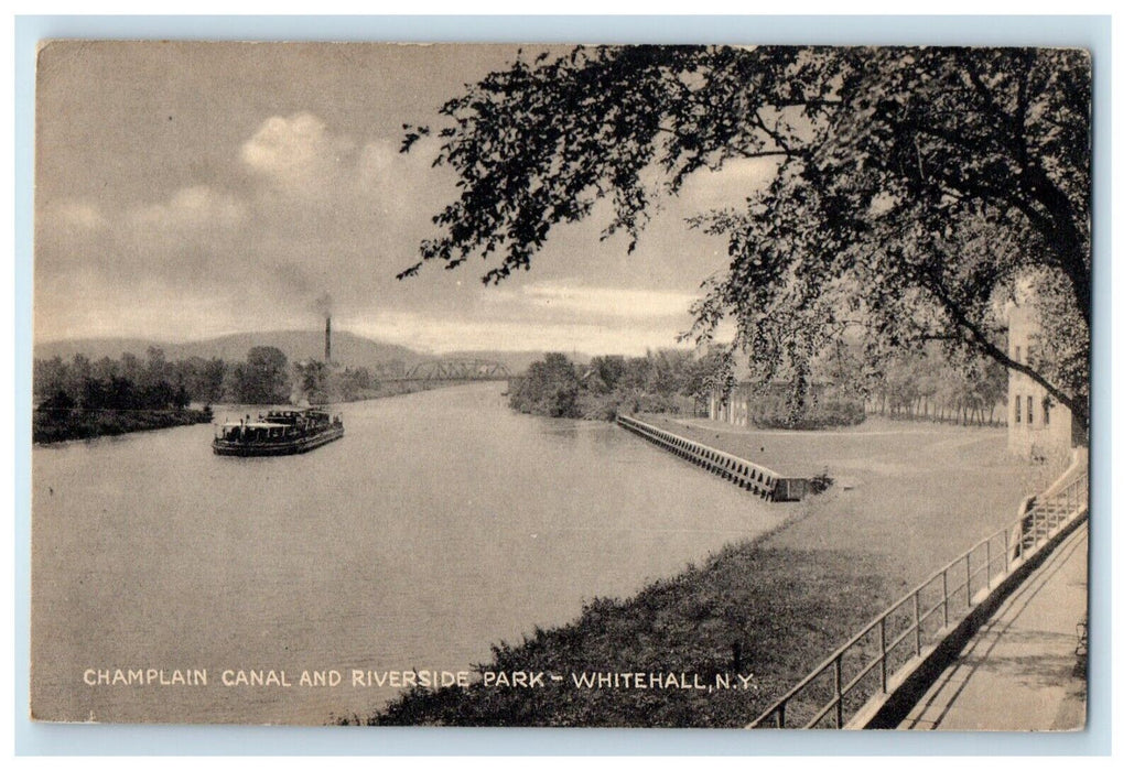c1910 Steamboat Scene, Champlain Canal and Riverside Park Whitehall NY Postcard