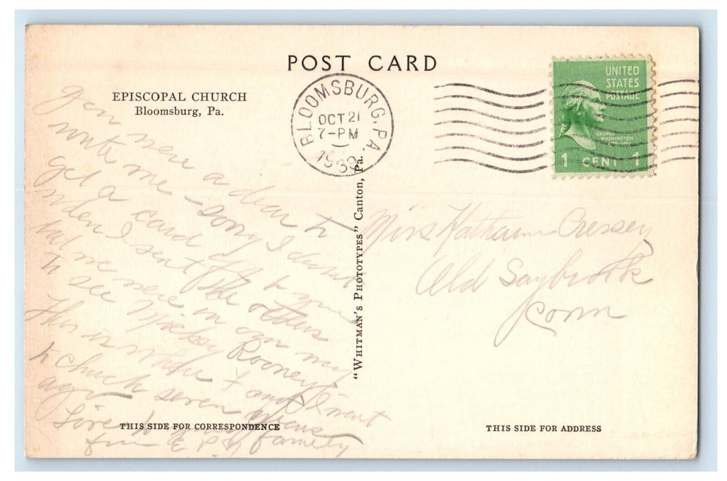 1939 Episcopal Church Street View Cars Bloomsburg Pennsylvania PA Postcard