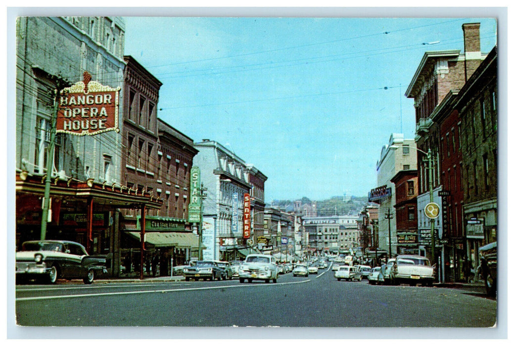 1968 Looking East in Business District, Main Street Bangor Maine ME Postcard