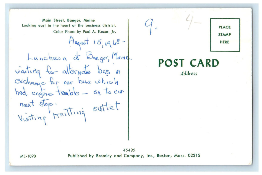 1968 Looking East in Business District, Main Street Bangor Maine ME Postcard