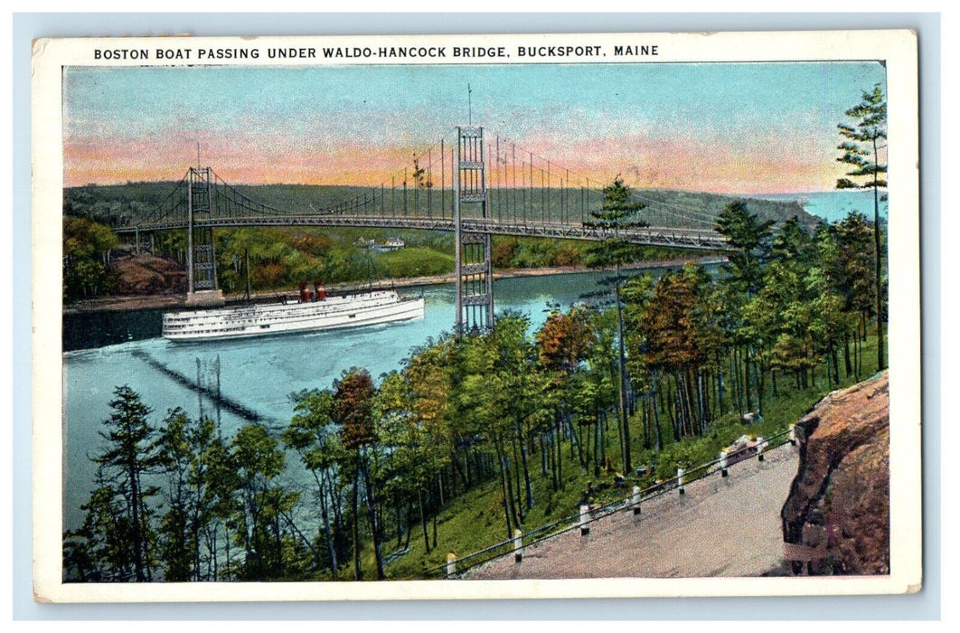 1935 Boston Boat Passing Under Waldo Hancock Bridge Bucksport Maine ME Postcard