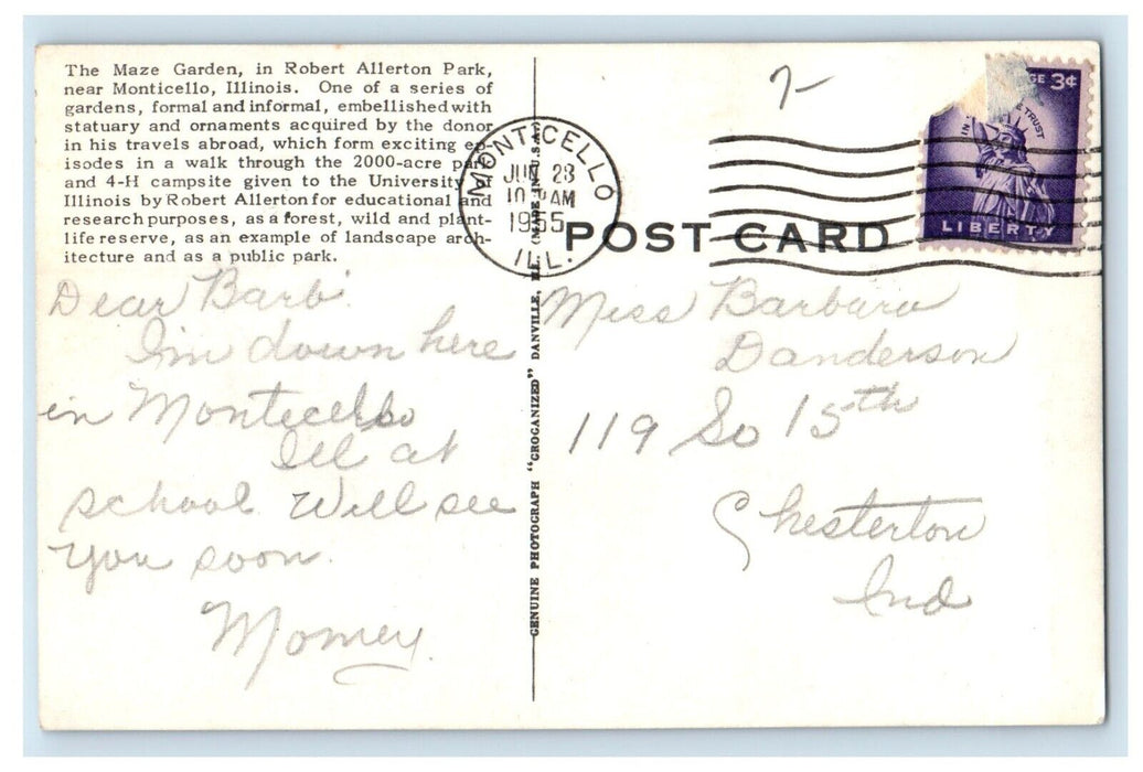 1955 The Maze Garden Robert Allerton Park Monticello Illinois IL Postcard