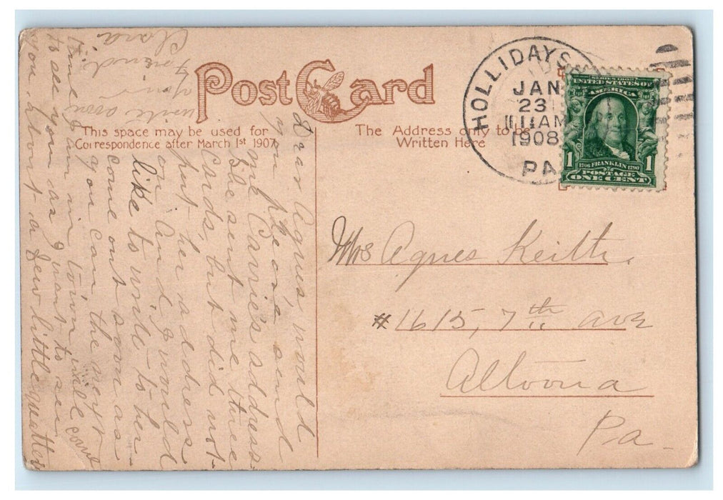 1908 Presbyterian Church Hollidaysburg Pennsylvania PA Posted Antique Postcard