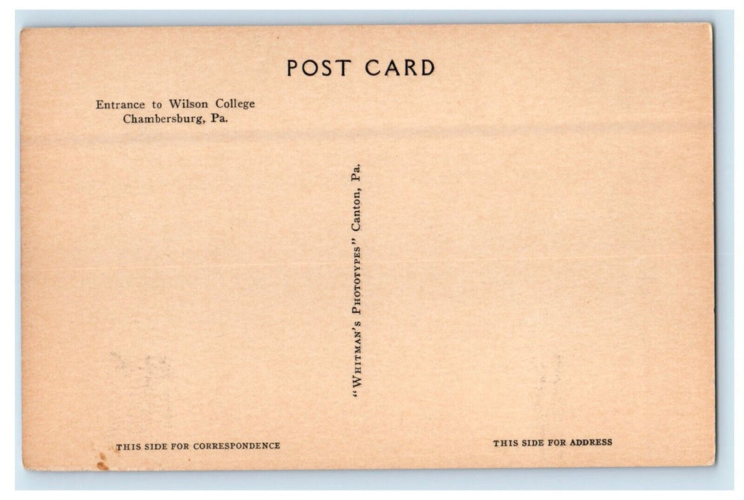 Entrance To Wilson College Chambersburg Pennsylvania PA Vintage Postcard