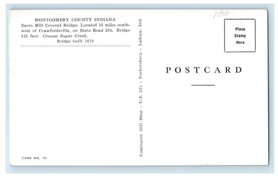 Montgomery County Indiana IN, Deers Mill Covered Bridge Unposted Postcard