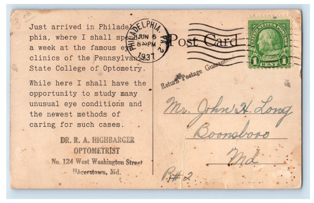 1937 Pennsylvania State College of Optometry Philadelphia PA Postcard