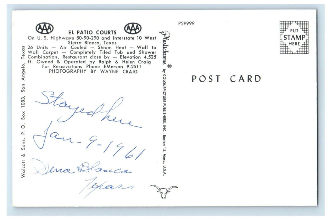 1961 El Patio Courts, Sierra Blanca Texas TX Unposted Plastichrome Postcard