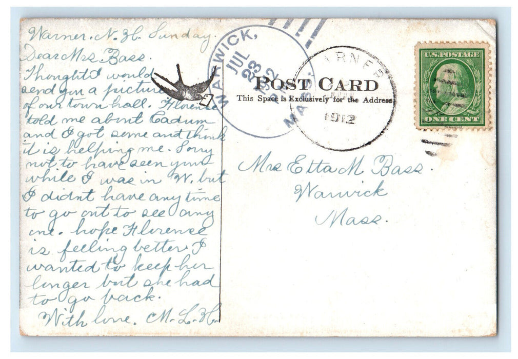 1912 New Town Hall, Warner New Hampshire NH Warwick MA Posted Postcard