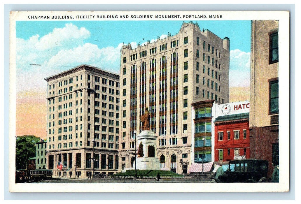 1937 Fidelity Building and Soldiers Monument Portland Maine ME Postcard