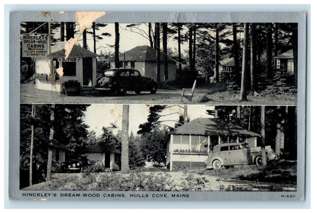 Hinckley's Dream Wood Cabins Hulls Cove Maine ME, Split View Vintage Postcard