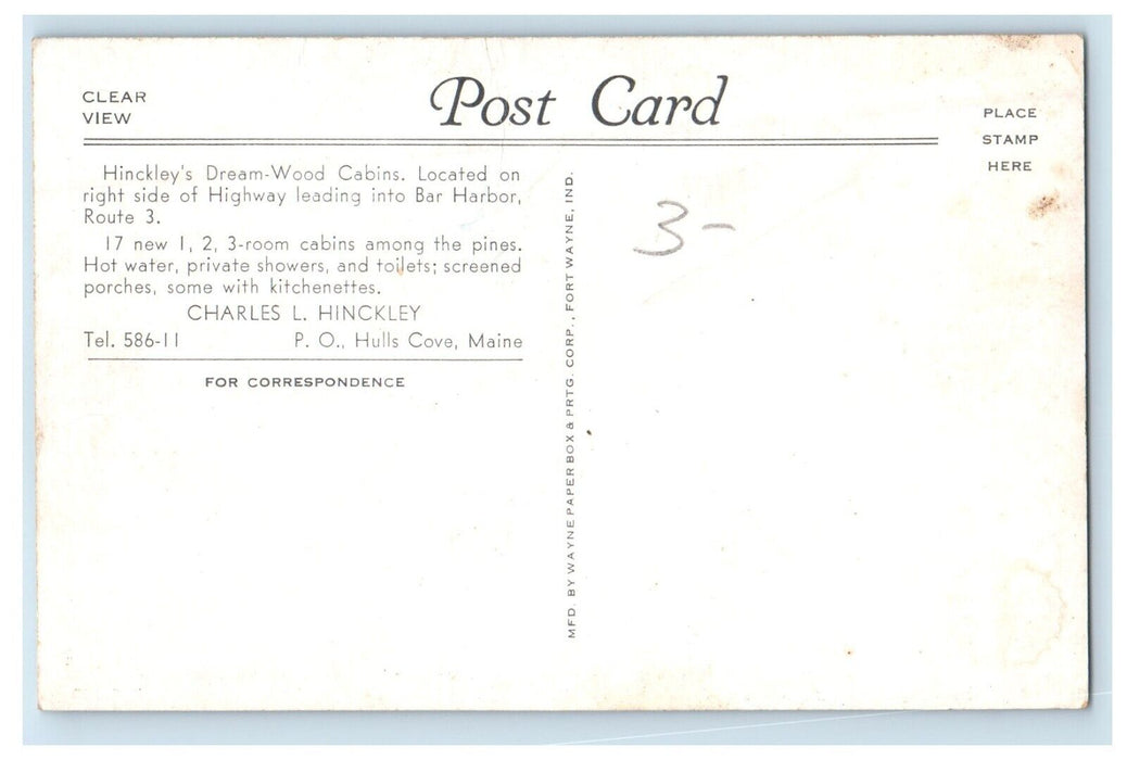 Hinckley's Dream Wood Cabins Hulls Cove Maine ME, Split View Vintage Postcard