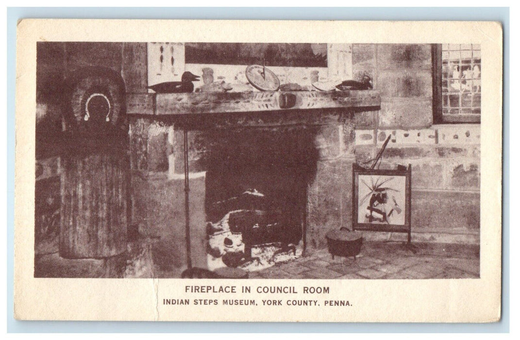 c1940s Fireplace In Council Room, Indian Steps Museum York County PA Postcard