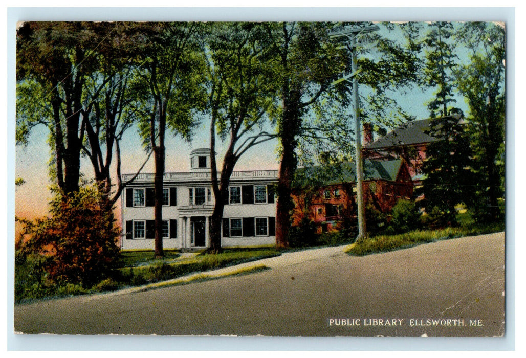 1919 View of Public Library, Ellsworth Maine ME Antique Posted Postcard