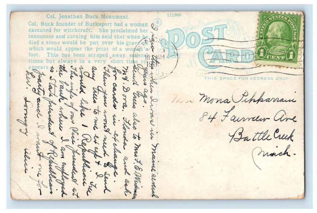 1935 Col. Jonathan Buck Monument The Founder of Bucksport, Maine ME Postcard