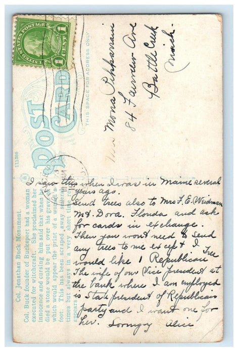 1935 Col. Jonathan Buck Monument The Founder of Bucksport, Maine ME Postcard