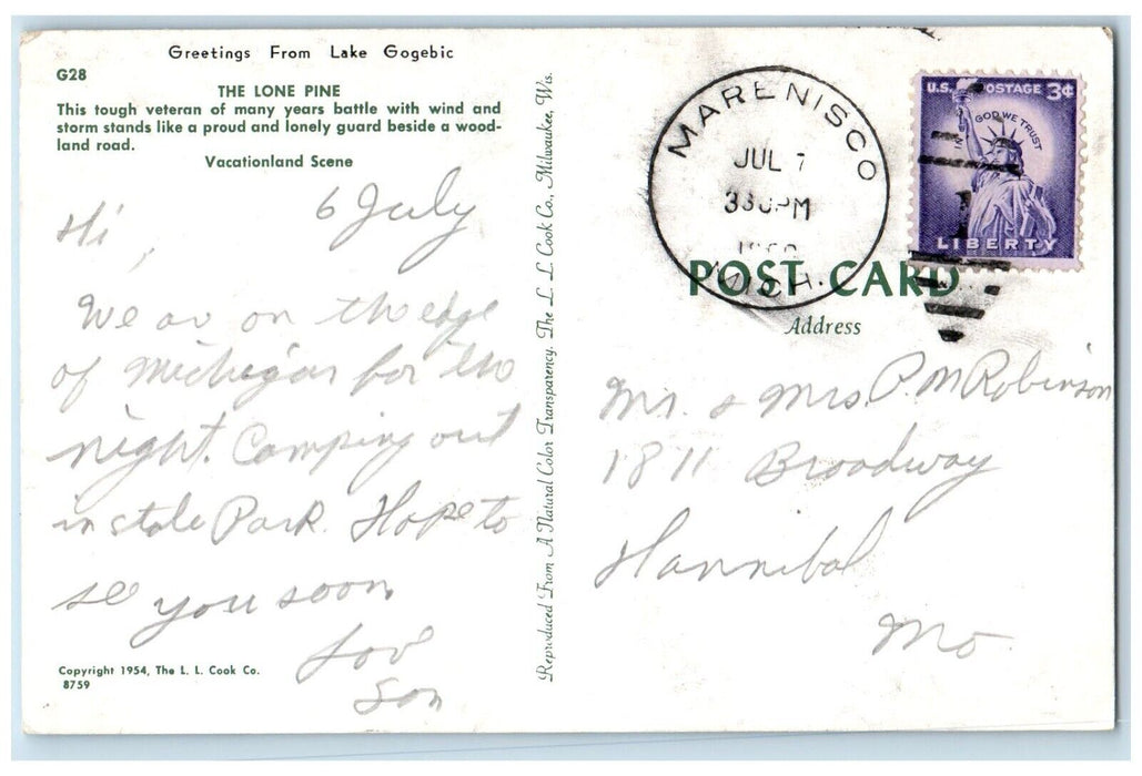 Greetings From Lake Gogebic Michigan MI, Marenisco The Lone Pine Road Postcard