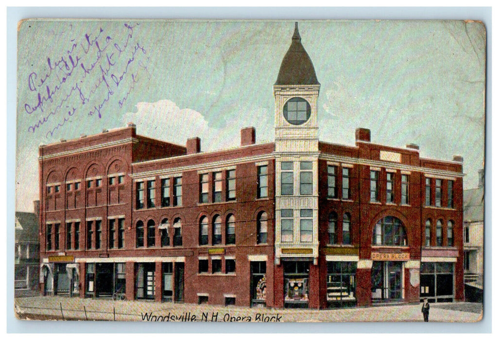 1908 Opera Block, Woodsville New Hampshire NH Palmer MA Posted Postcard