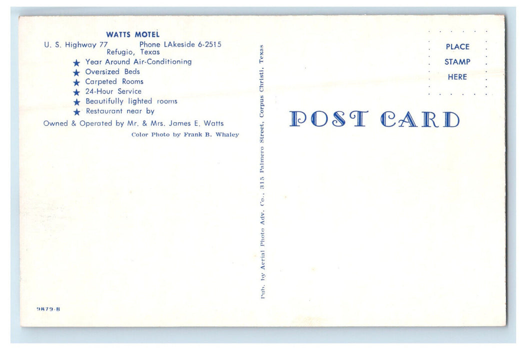 c1960s Watts Motel US Highway 77 Refugio Texas TX Unposted Postcard