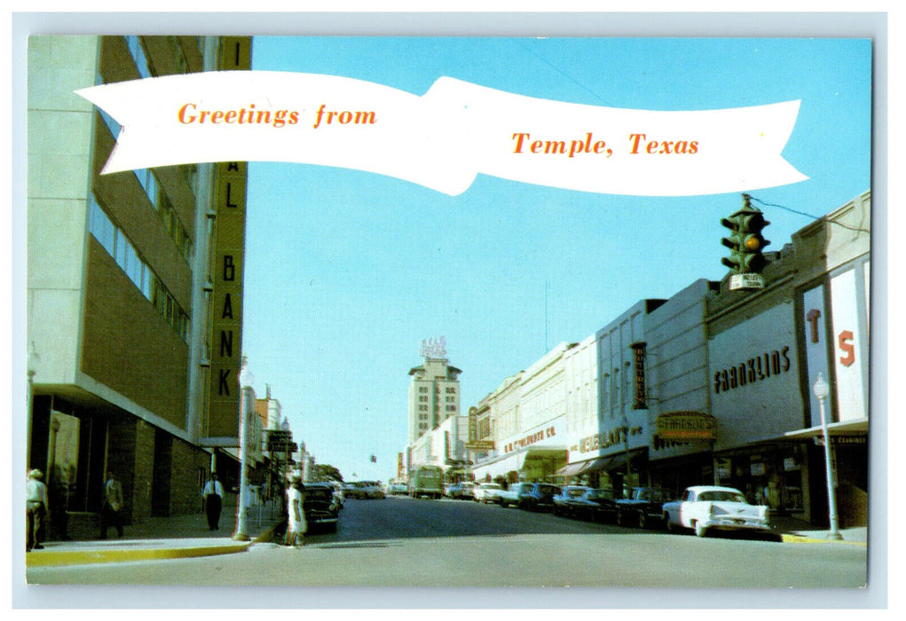 c1950s Looking North on Main Street, Greetings from Temple Texas TX Postcard