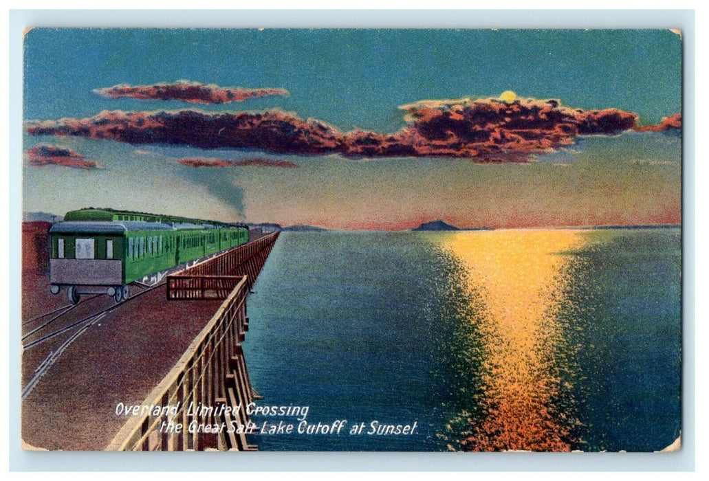 Overland Limited Crossing The Great Salt Lake Utah UT, Cutoff At Sunset Postcard