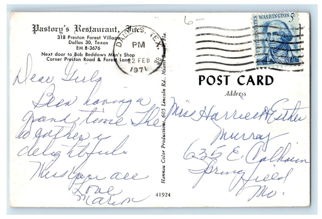 1971 Pastory's Restaurant Preston Forest Village, Dallas Texas TX Postcard