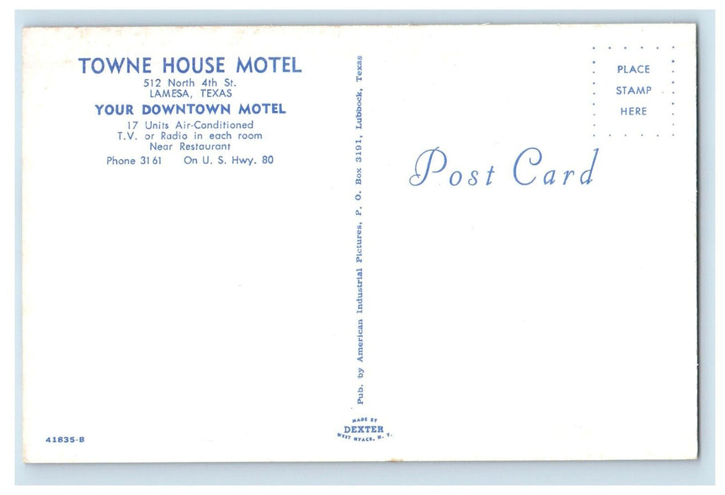 c1960s Towne House Motel Lamesa Texas TX Unposted Vintage Postcard