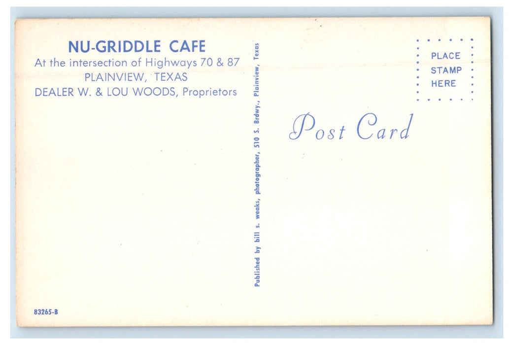 c1950s NU Griddle Cafe Plainview Texas TX Unposted Vintage Postcard