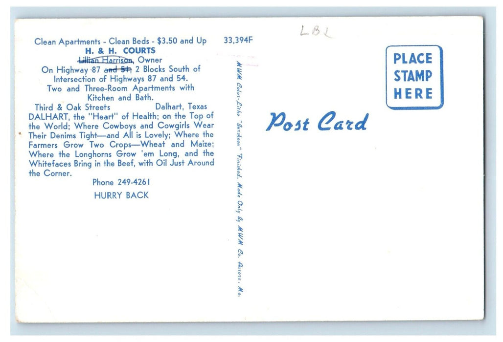 c1960s H & H Courts Third & Oak Streets, Dalhart Texas TX Unposted Postcard