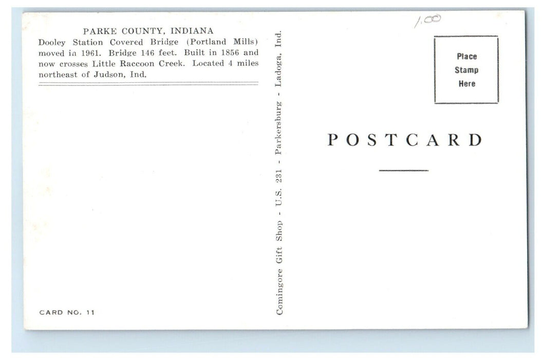 Parke County Indiana IN, Dooley Station Covered Bridge Unposted Vintage Postcard