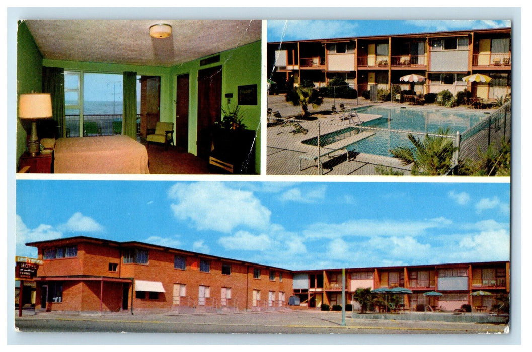 c1950s Driftwood Motor Hotel Looking the Gulf of Mexico Galveston TX Postcard