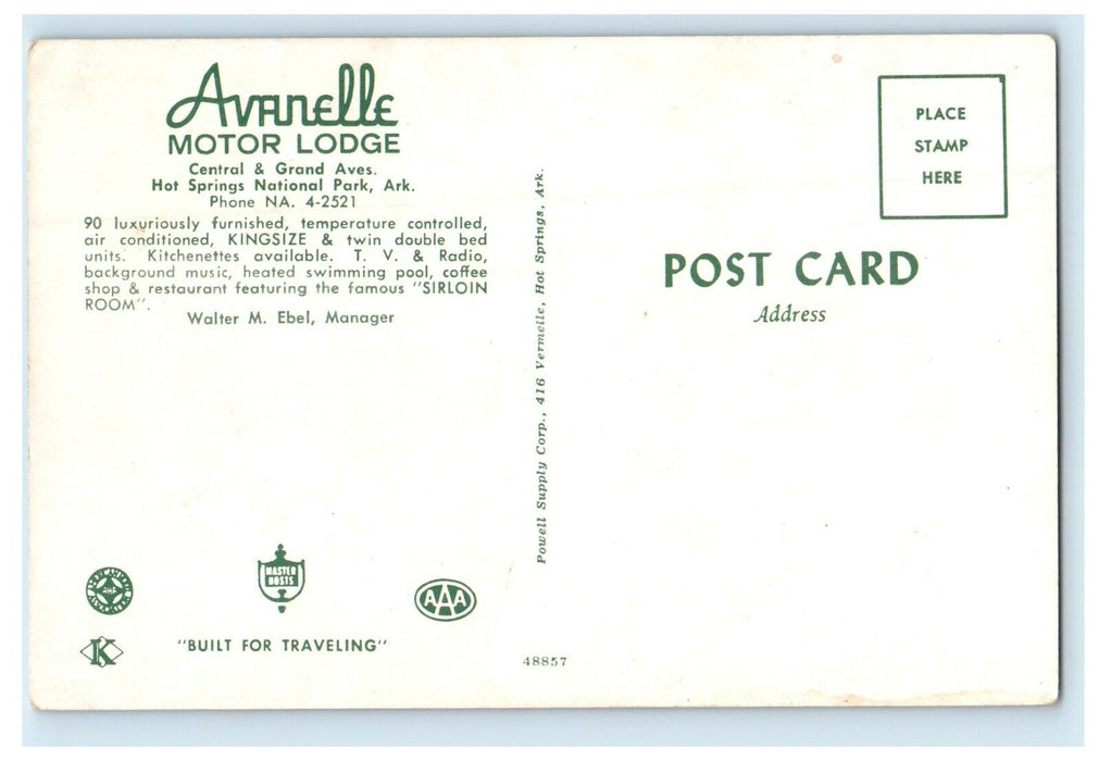 c1950's Avanelle Motor Lodge Hot Springs National Park Arkansas AK Postcard